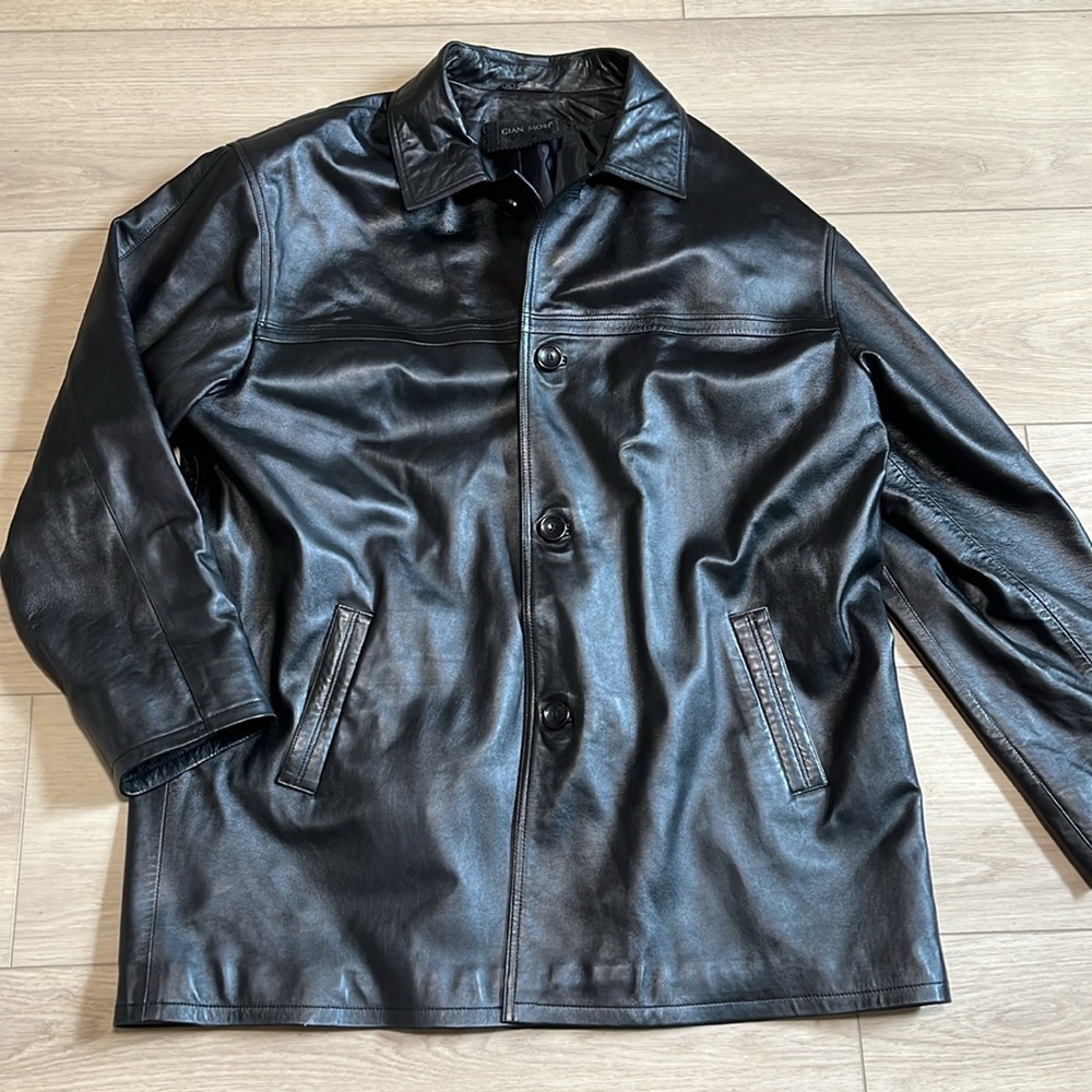 Gian Mori Oversized Button Down Classic Black Leather Jacket 5XL Motorcycle Coat